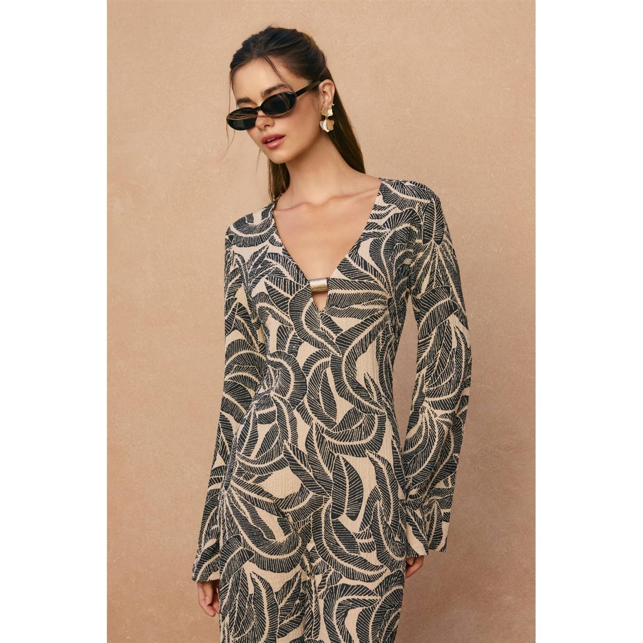 Tropical Leaf Gold Trim Bell Sleeve Maxi Dress