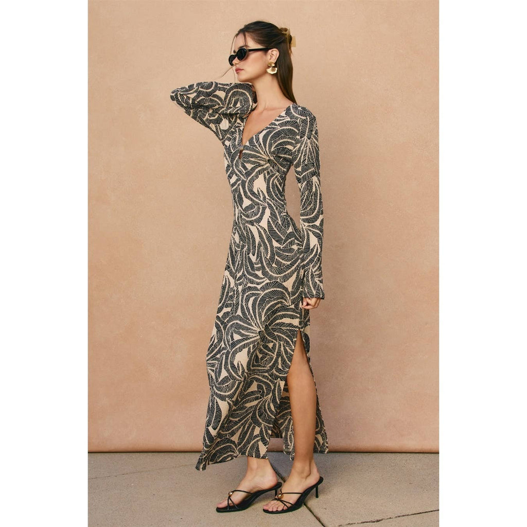 Tropical Leaf Gold Trim Bell Sleeve Maxi Dress