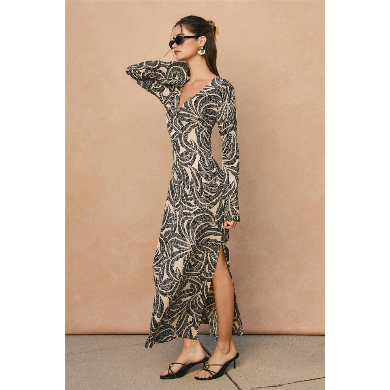 Tropical Leaf Gold Trim Bell Sleeve Maxi Dress