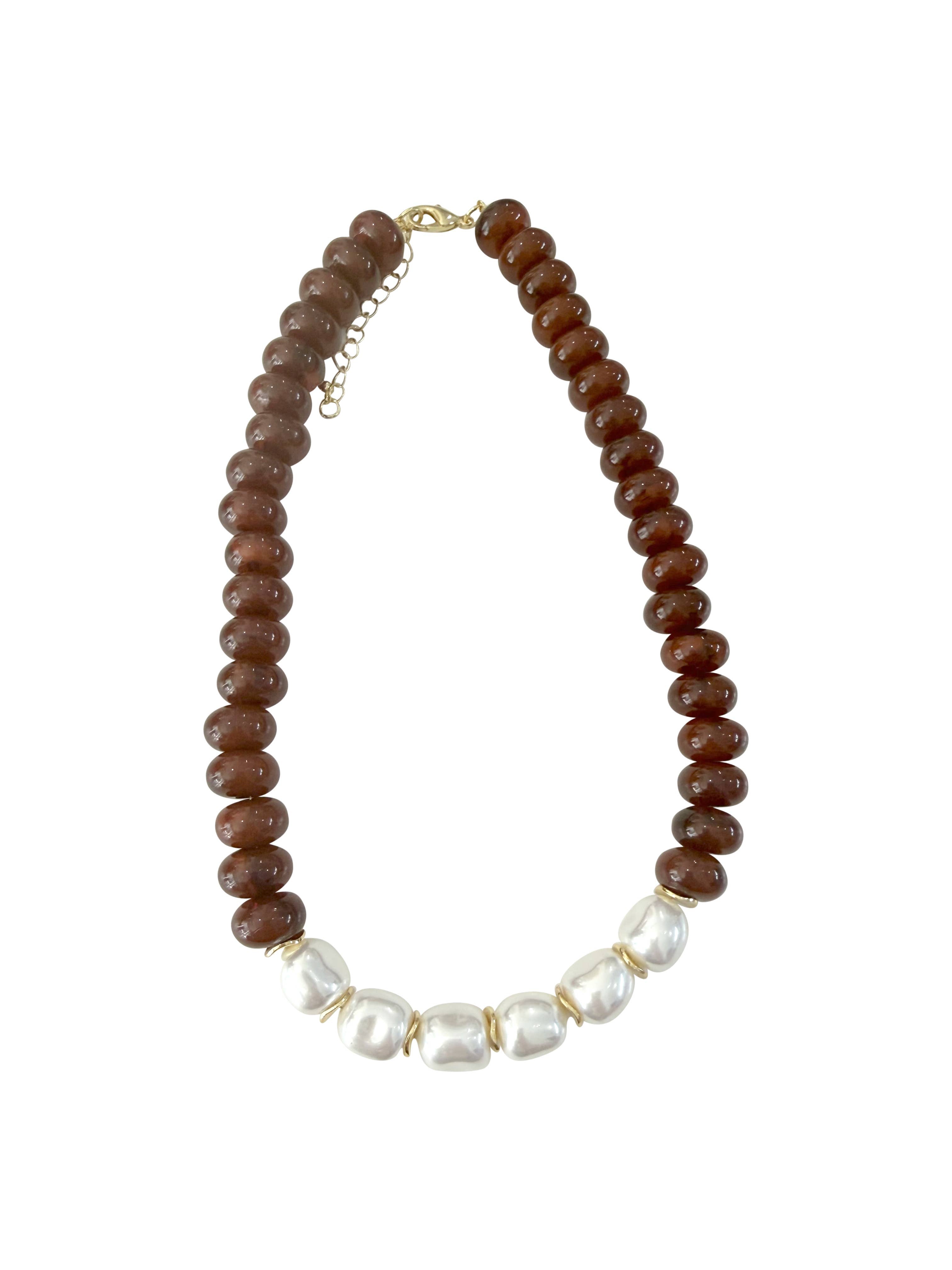 Brynlee Chunky Beaded Necklace with Pearl Accents - Brown