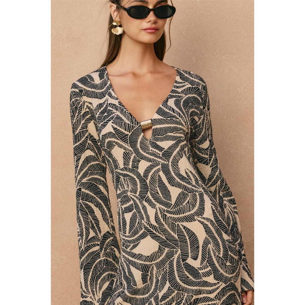 Tropical Leaf Gold Trim Bell Sleeve Maxi Dress