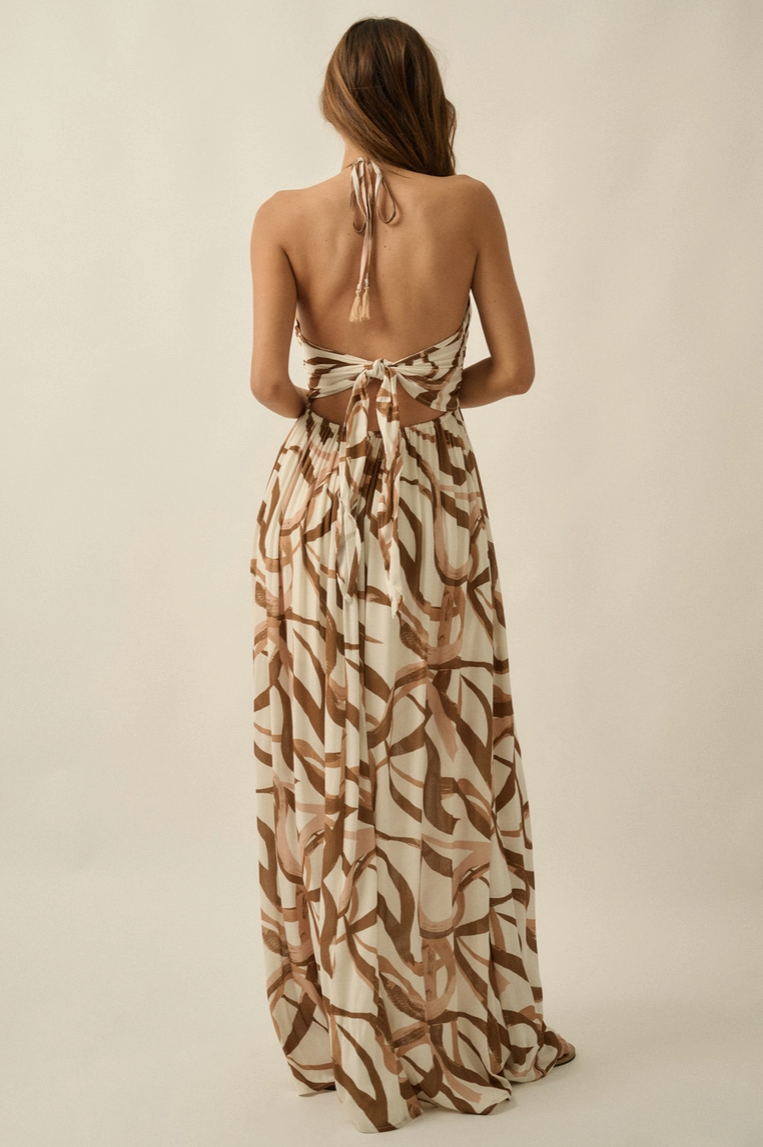 Ribbon-Print Crepe Tie-Back Halter Pocket Maxi Dress
