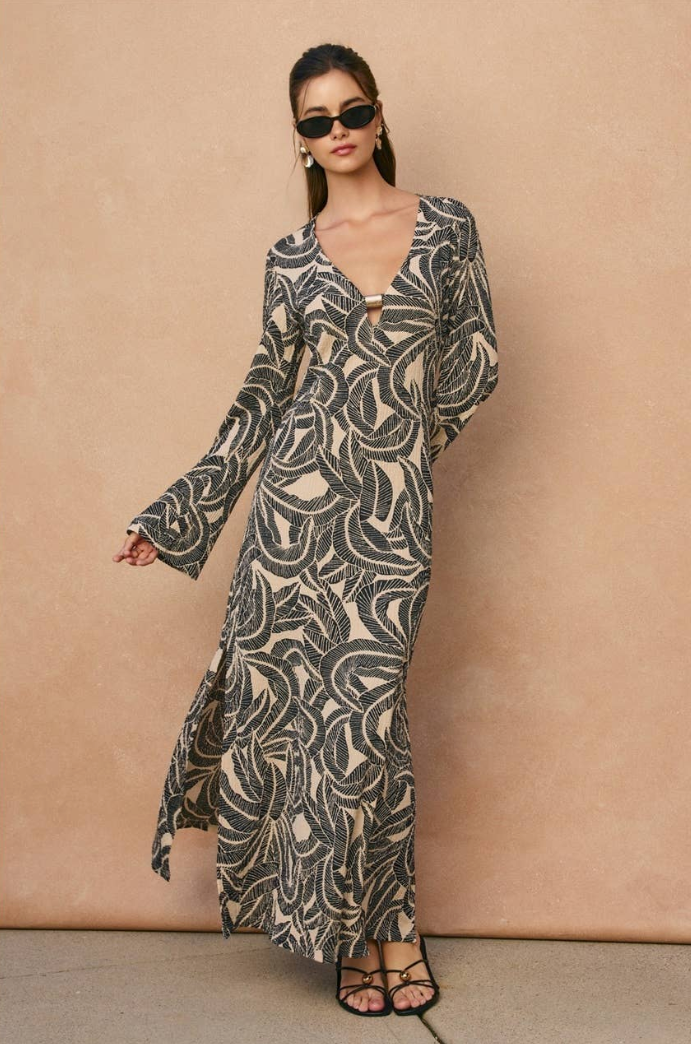 Tropical Leaf Gold Trim Bell Sleeve Maxi Dress