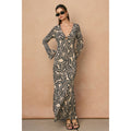 Tropical Leaf Gold Trim Bell Sleeve Maxi Dress