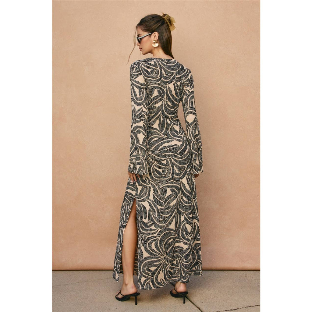 Tropical Leaf Gold Trim Bell Sleeve Maxi Dress