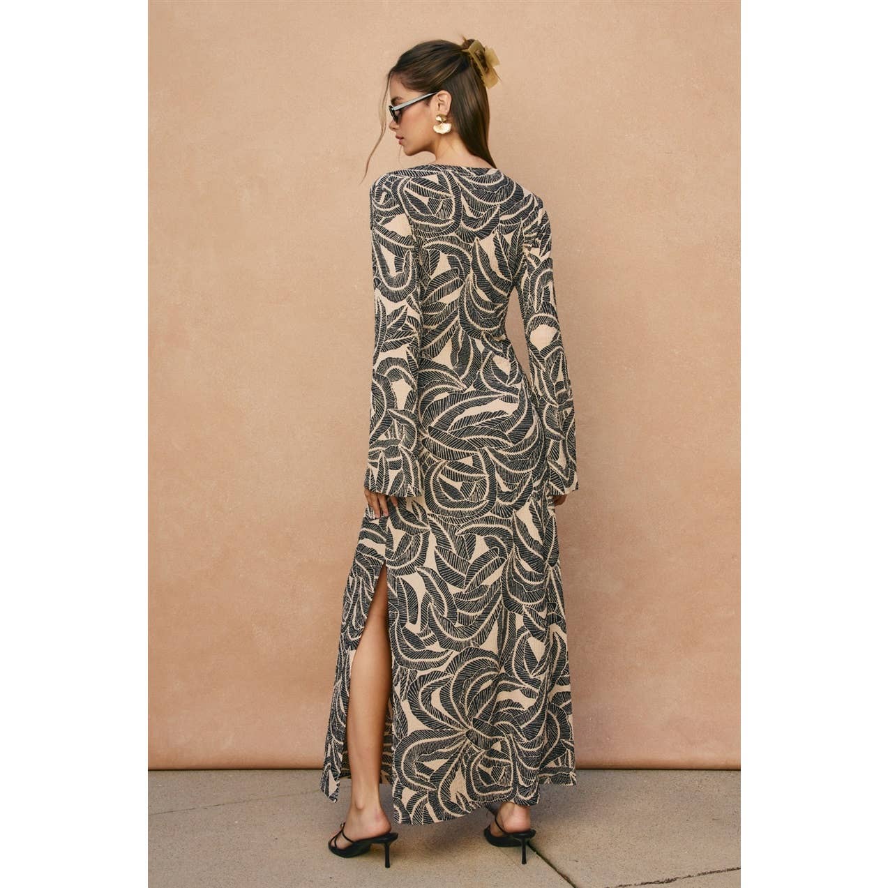 Tropical Leaf Gold Trim Bell Sleeve Maxi Dress